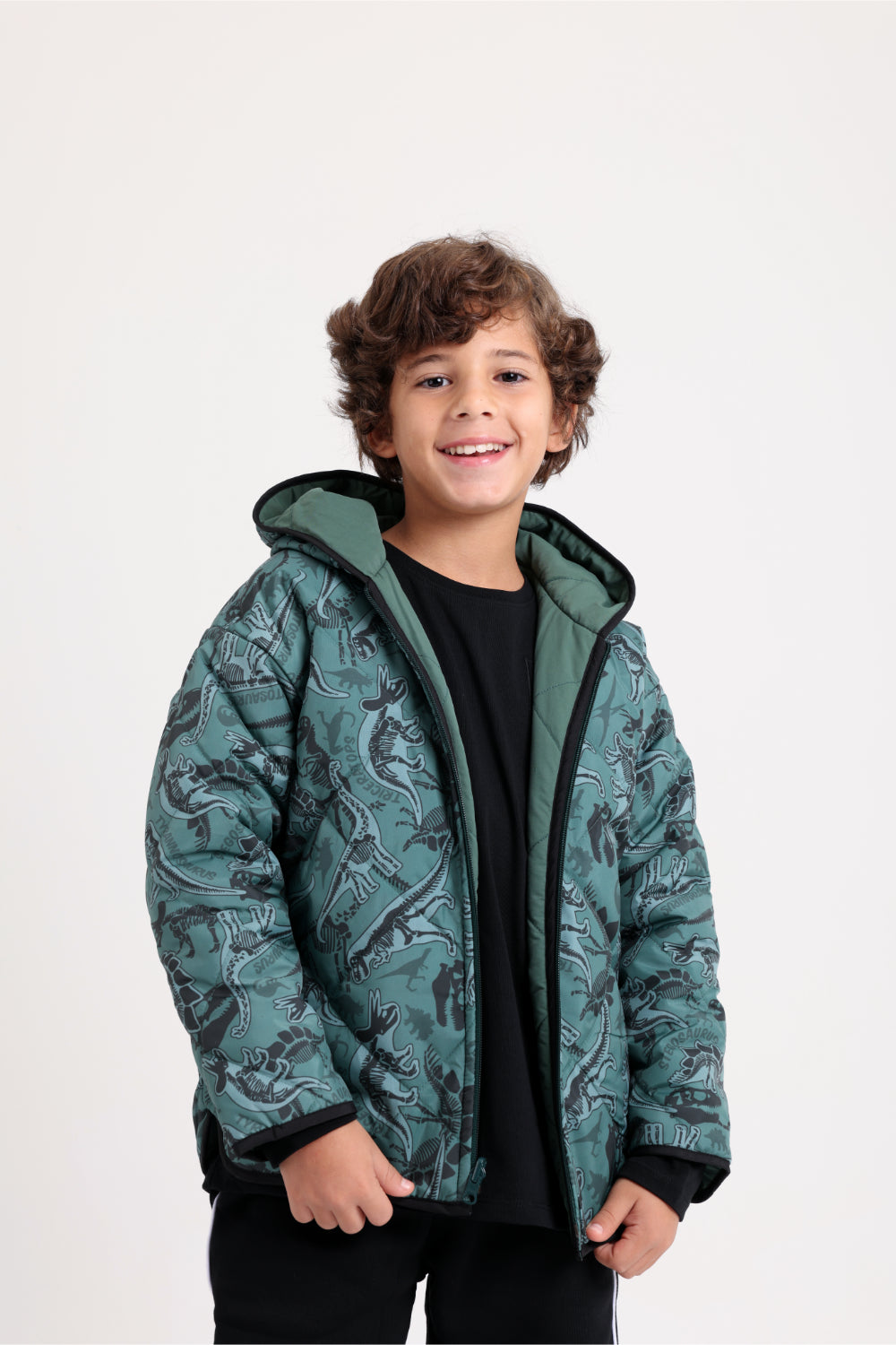 boys waterproof double face jacket - dark green with dino print