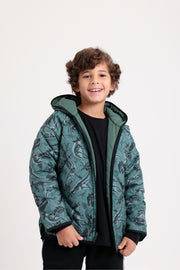 boys waterproof double face jacket - dark green with dino print