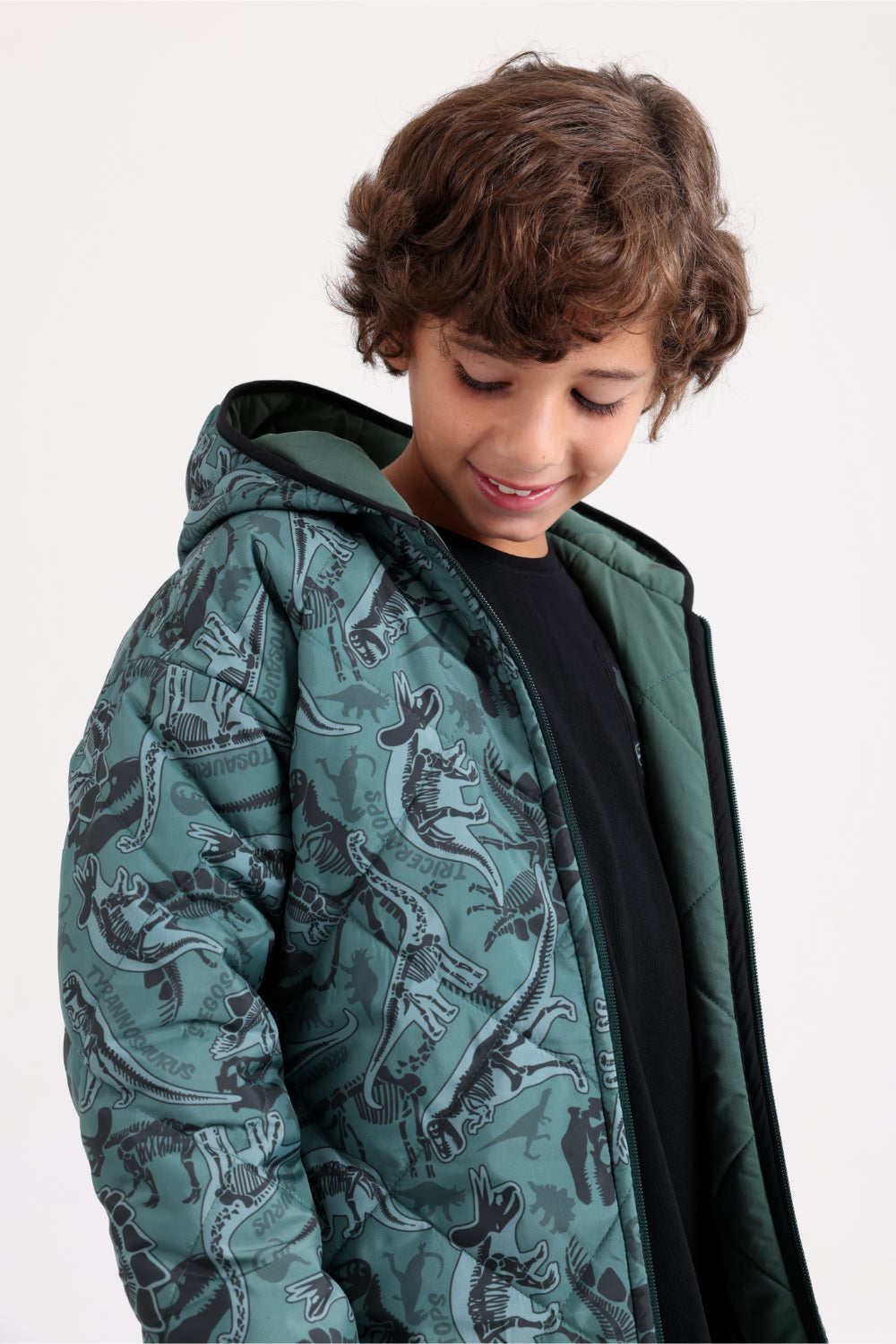 boys waterproof double face jacket - dark green with dino print