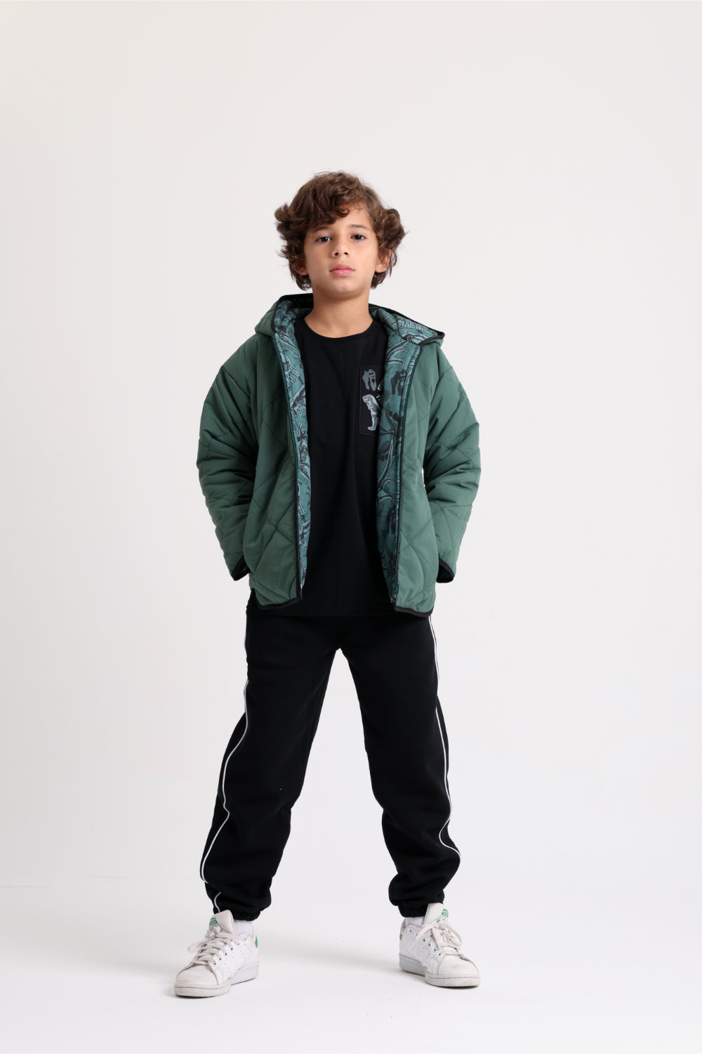 boys waterproof double face jacket - dark green with dino print