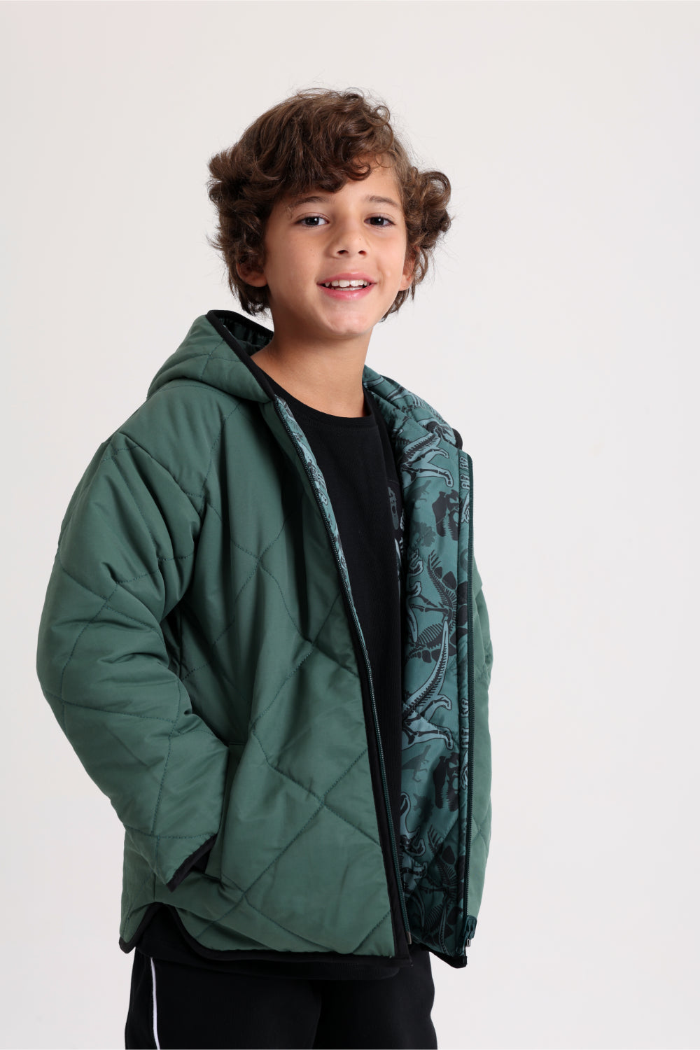 boys waterproof double face jacket - dark green with dino print