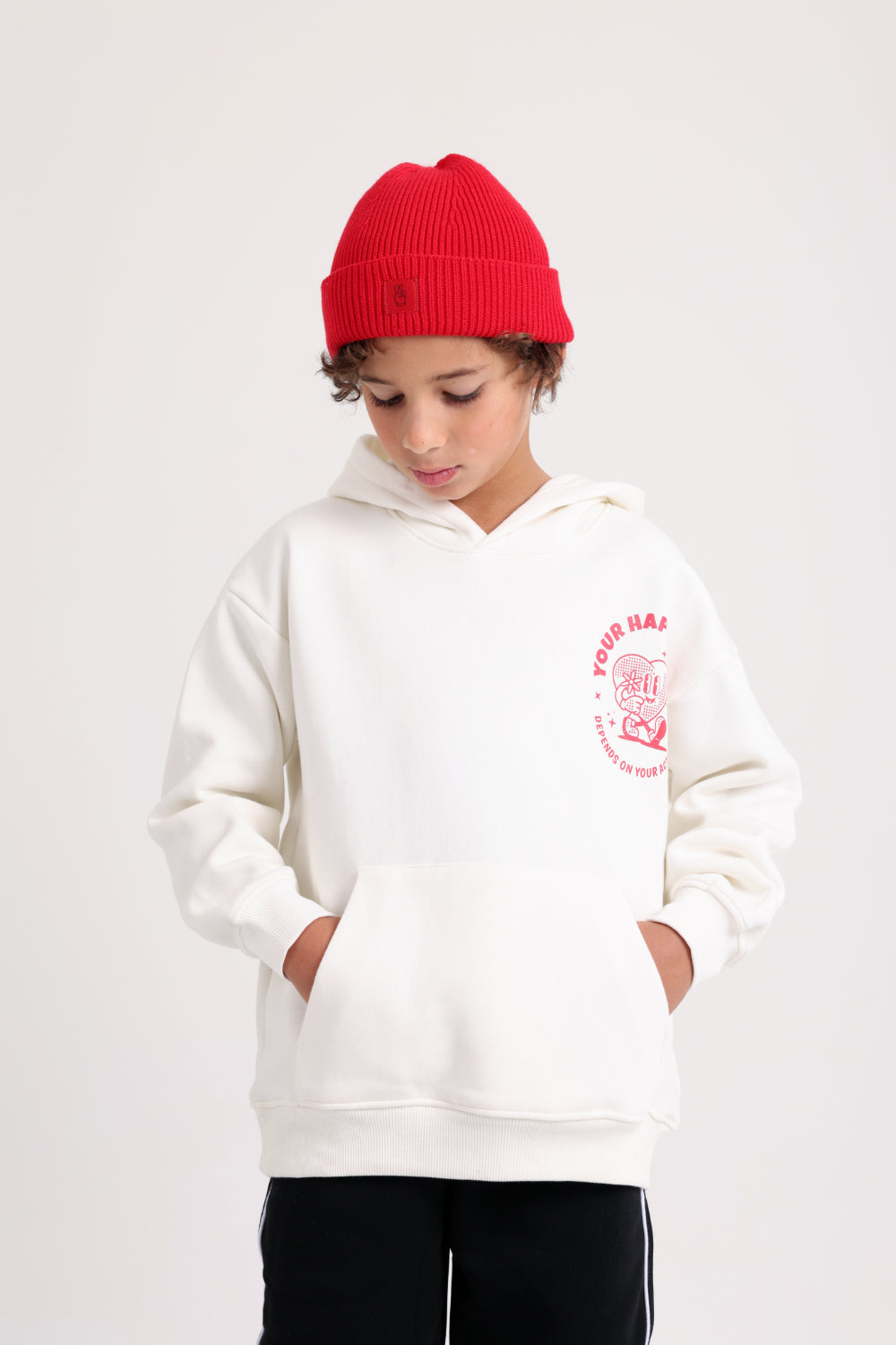 boys cotton hoodie – offwhite with "your happiness" print
