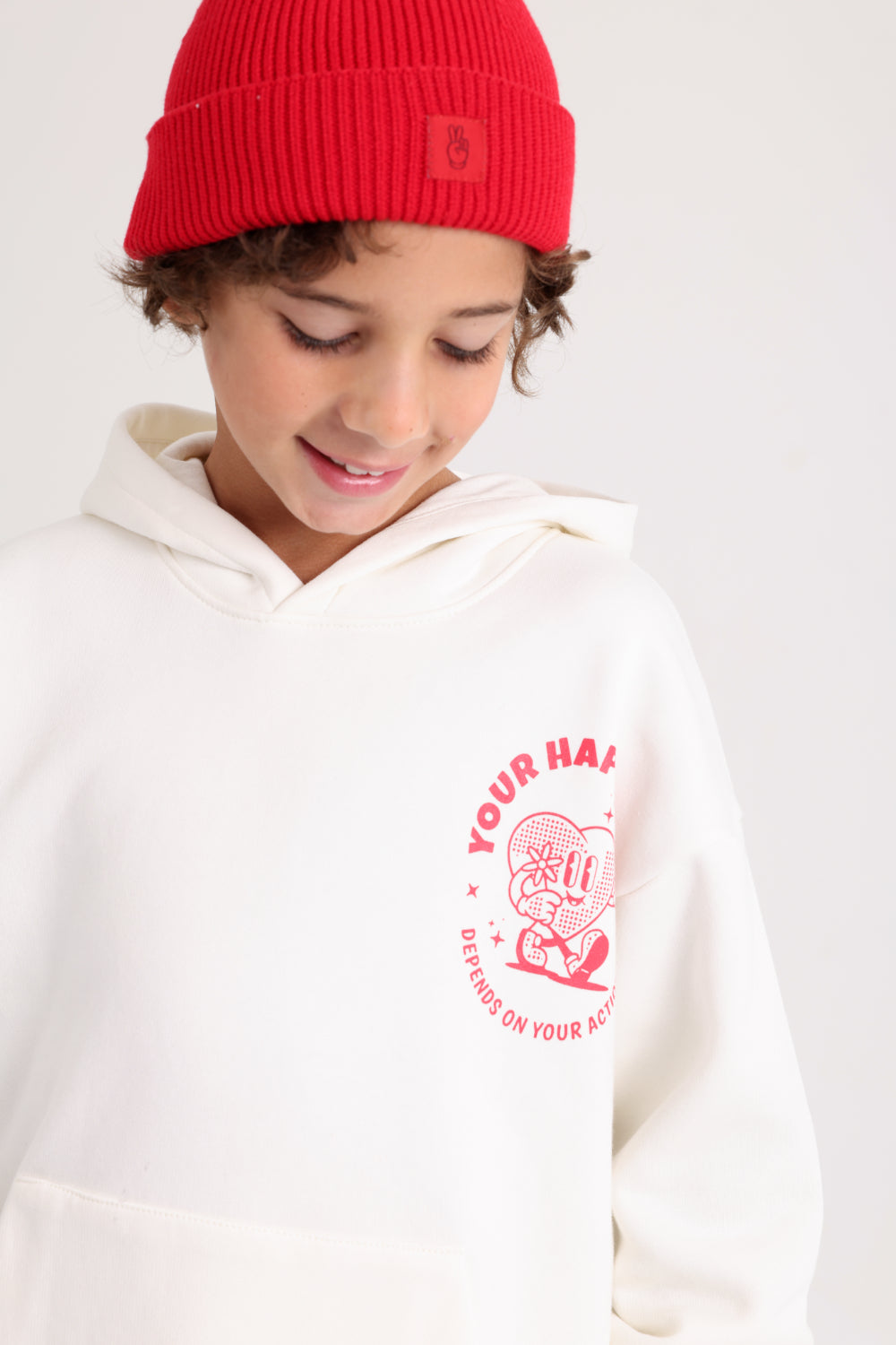 boys cotton hoodie – offwhite with "your happiness" print