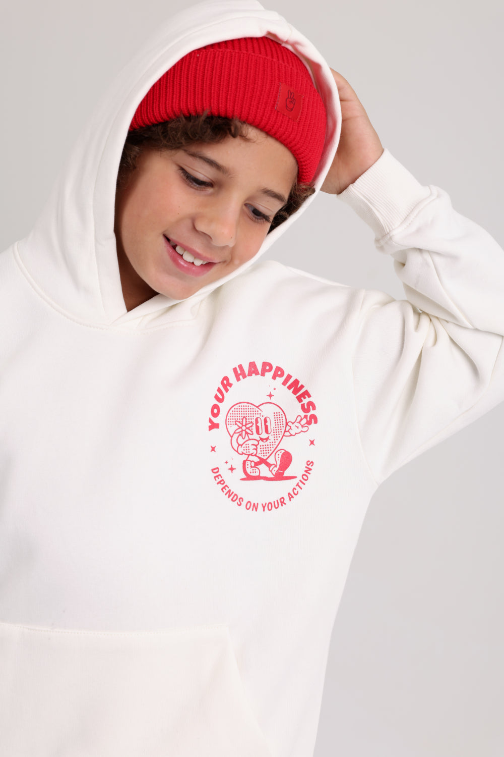 boys cotton hoodie – offwhite with "your happiness" print
