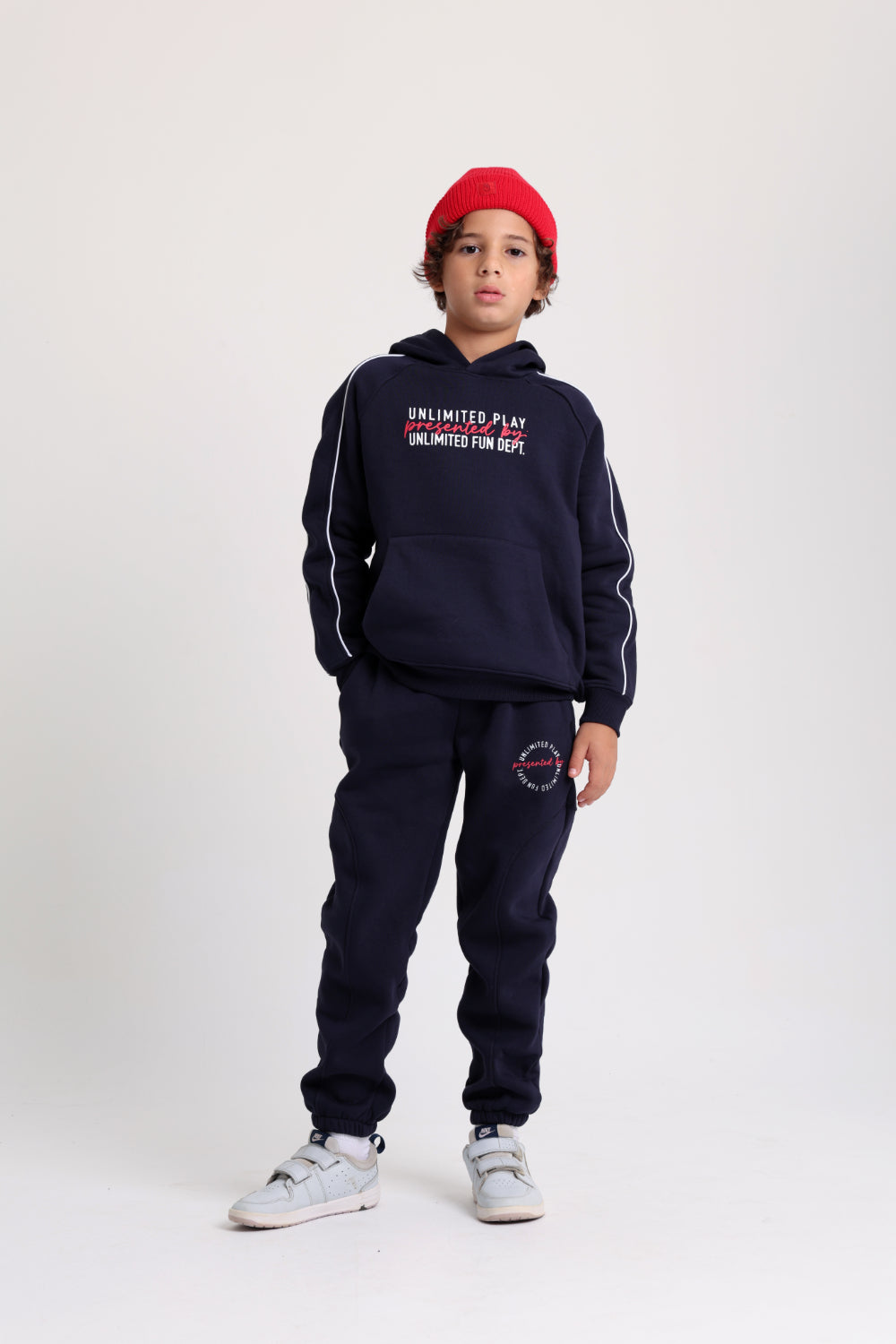 boys cotton sweatpants – navy with "unlimited play presented by unlimited fun dept" print