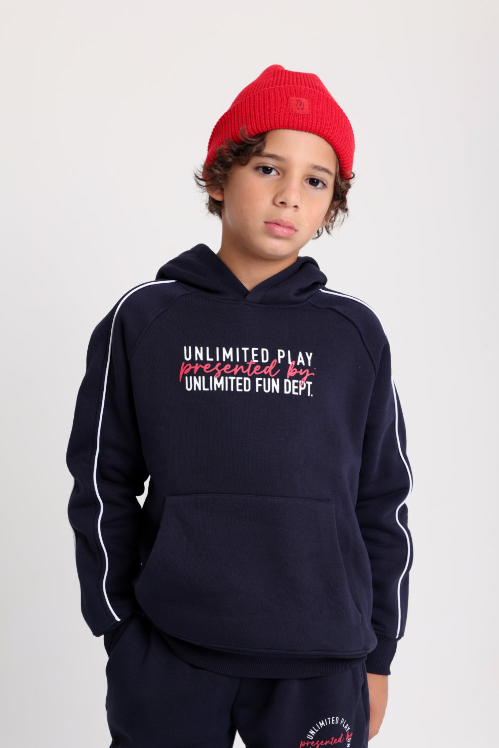boys cotton hoodie – navy with "unlimited play presented by unlimited fun dept" print