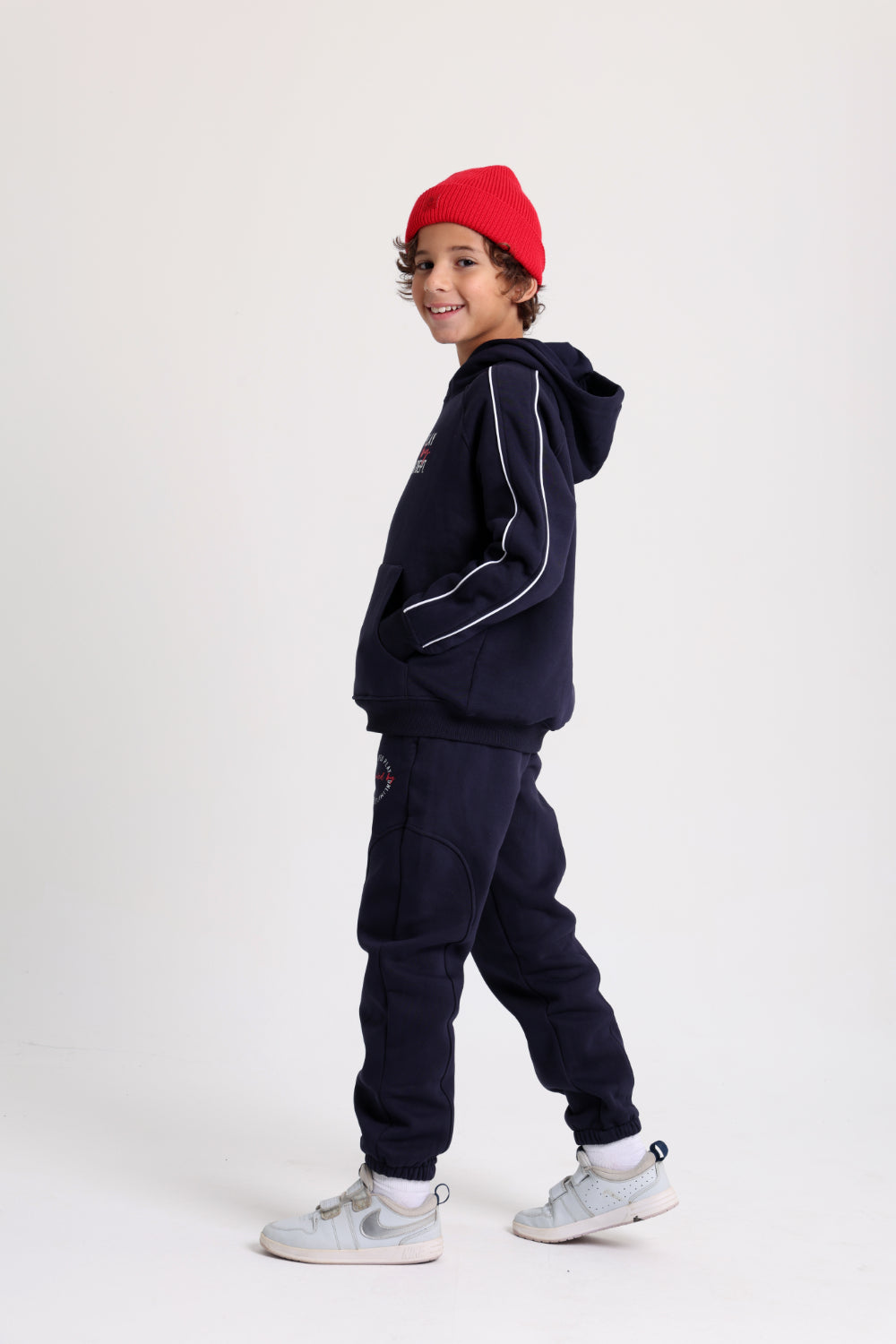 boys cotton sweatpants – navy with "unlimited play presented by unlimited fun dept" print