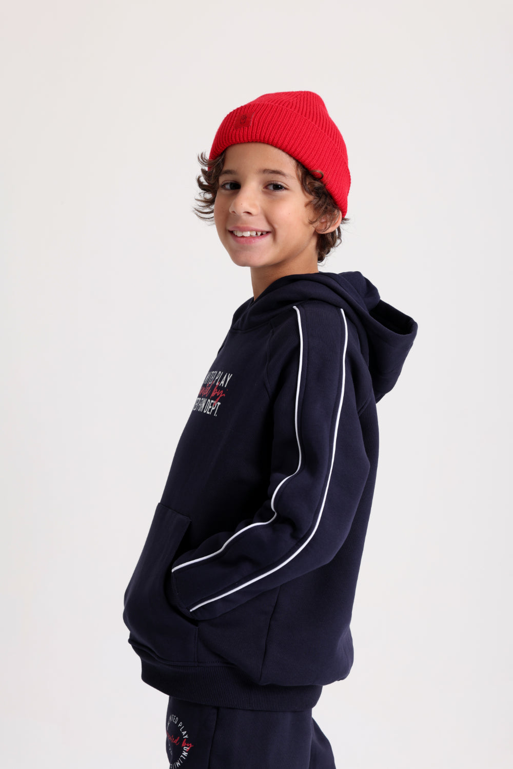 boys cotton hoodie – navy with "unlimited play presented by unlimited fun dept" print