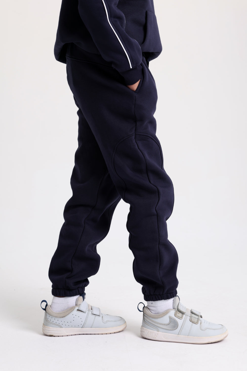 boys cotton sweatpants – navy with "unlimited play presented by unlimited fun dept" print