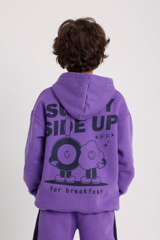 unisex cotton hoodie – purple with "sunny side up" print