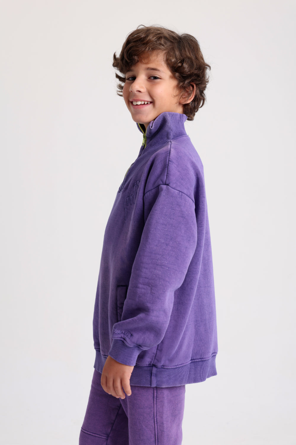 unisex purple washed cotton quarter zip sweatshirt – "ribbed collar"