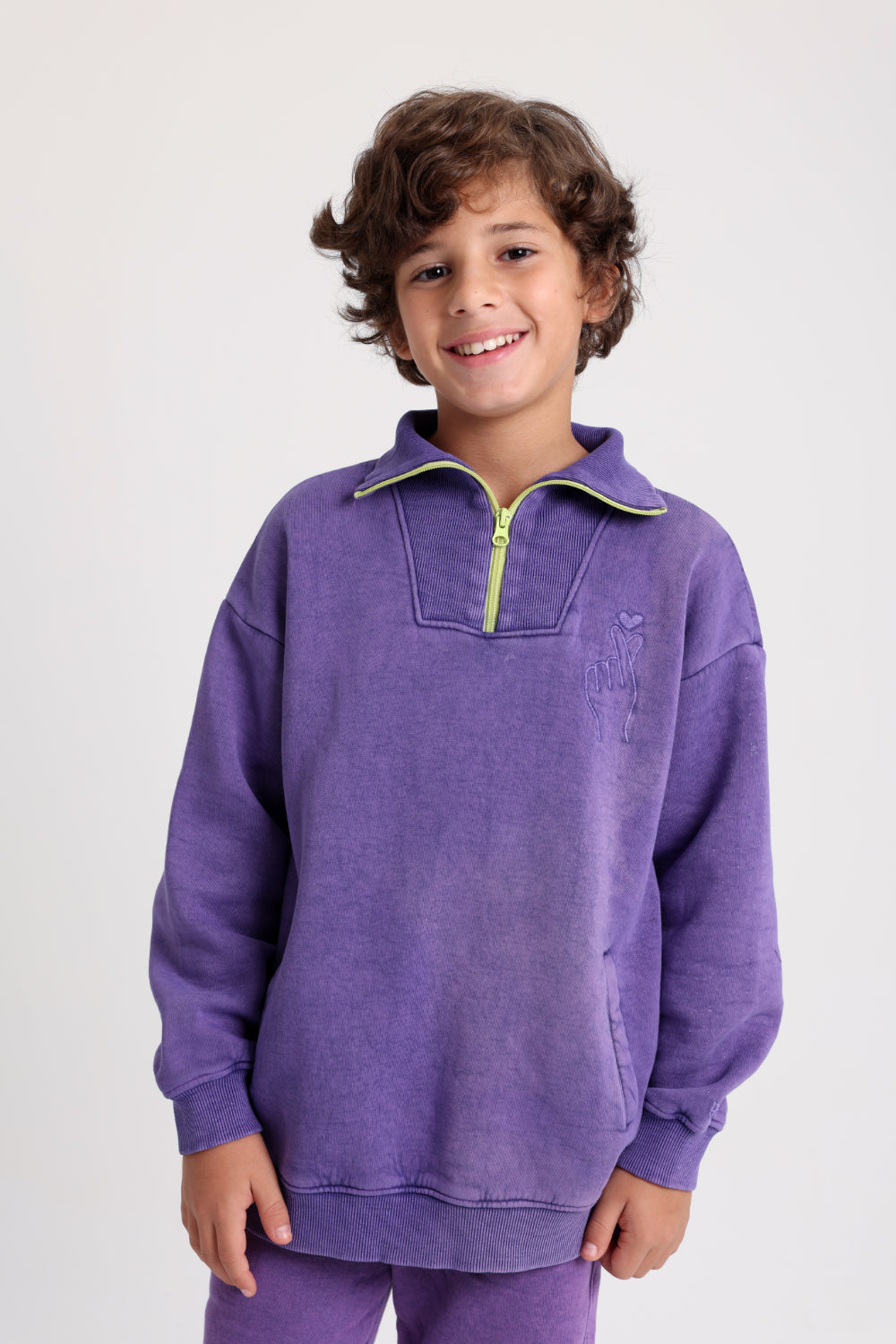 unisex purple washed cotton quarter zip sweatshirt – "ribbed collar"