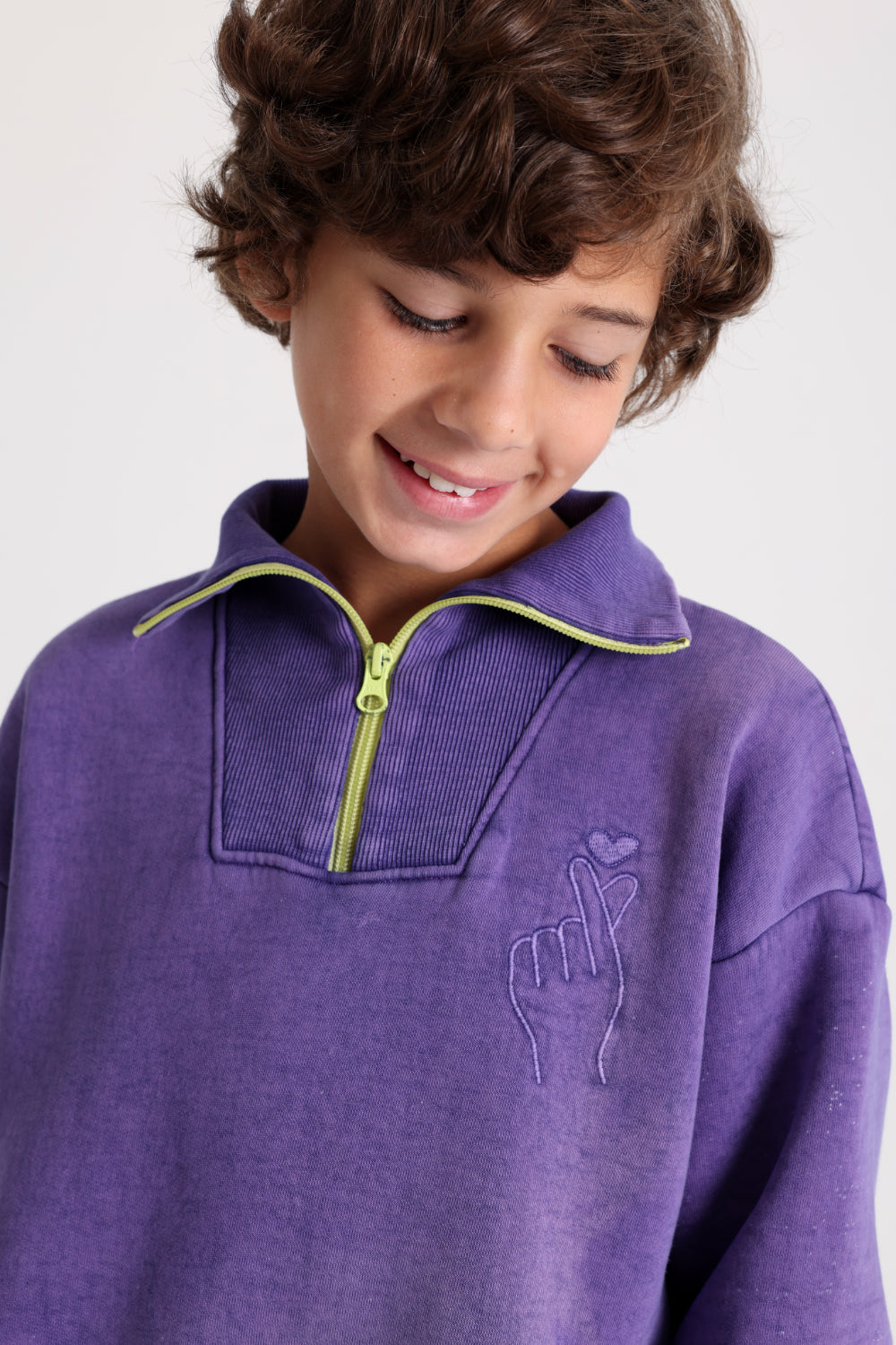 unisex purple washed cotton quarter zip sweatshirt – "ribbed collar"