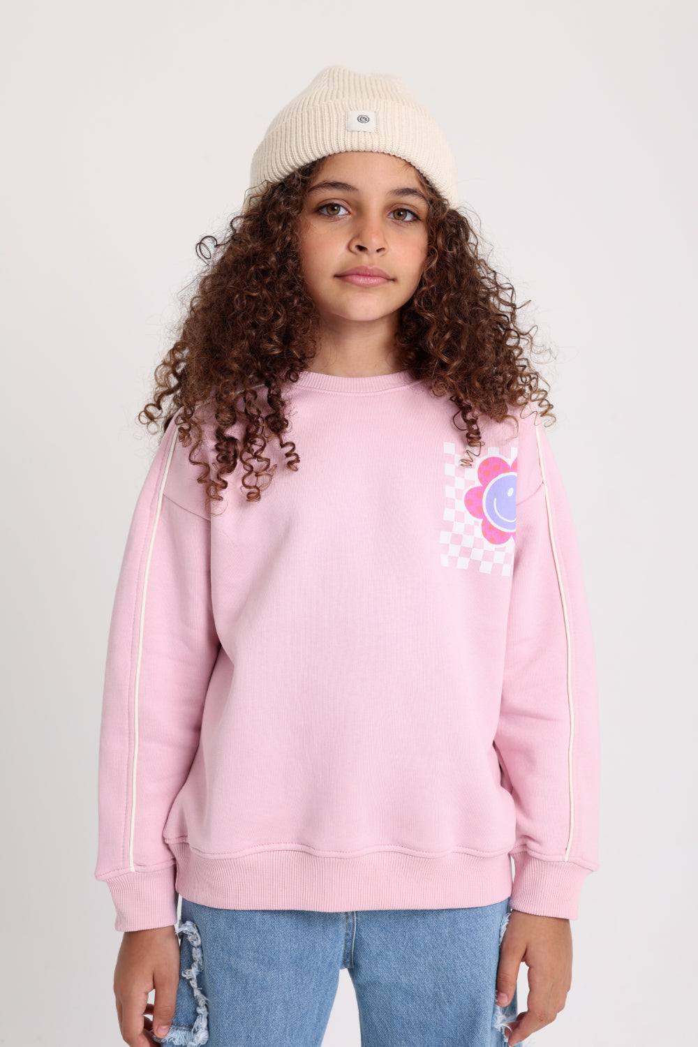 girls cotton sweatshirt – pink with smiley flowers