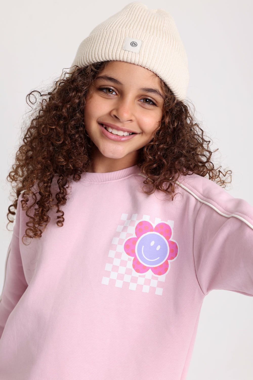 girls cotton sweatshirt – pink with smiley flowers
