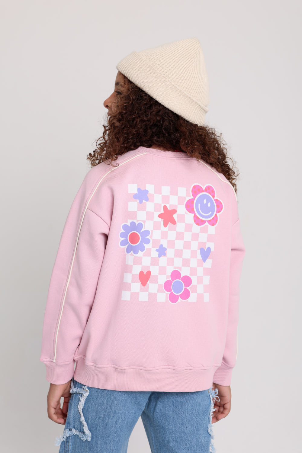 girls cotton sweatshirt – pink with smiley flowers