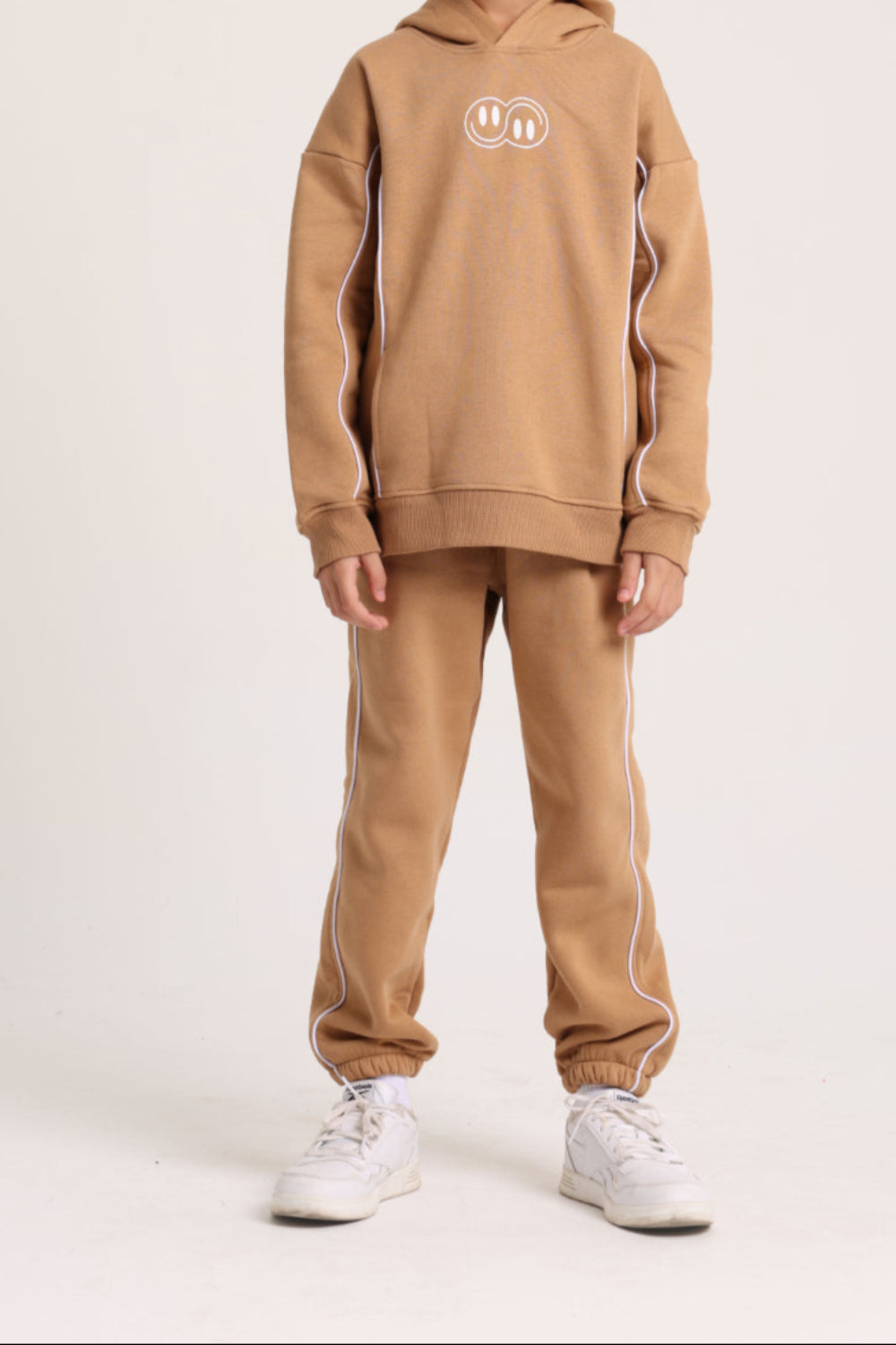 boys cotton hoodie – camel with "jumping mode on" Design