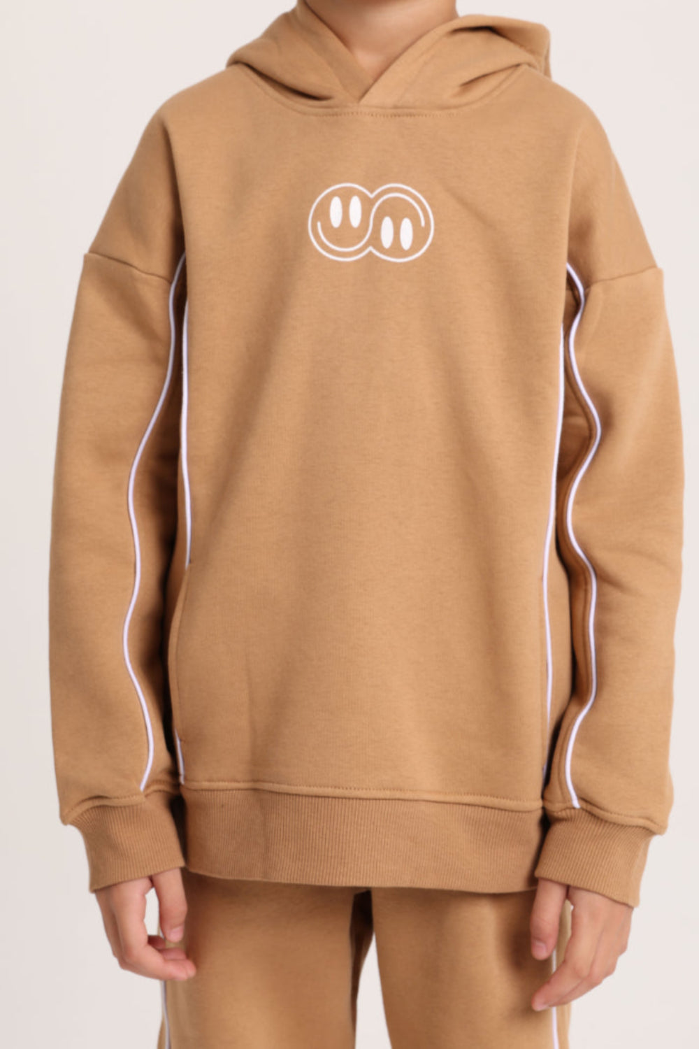 boys cotton hoodie – camel with "jumping mode on" Design