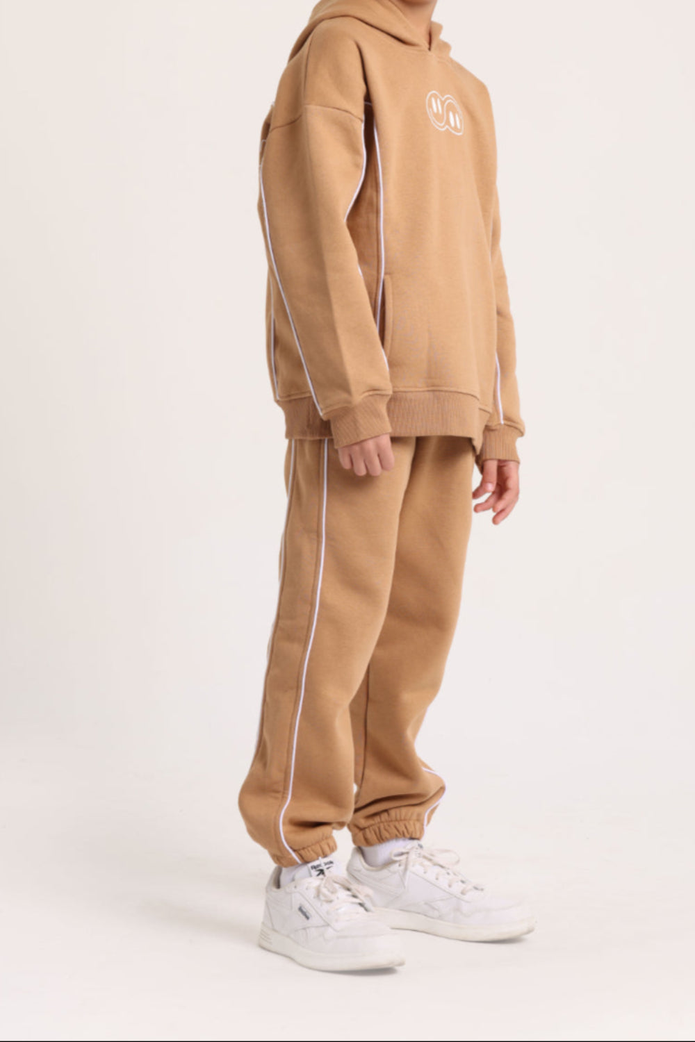 boys cotton hoodie – camel with "jumping mode on" Design