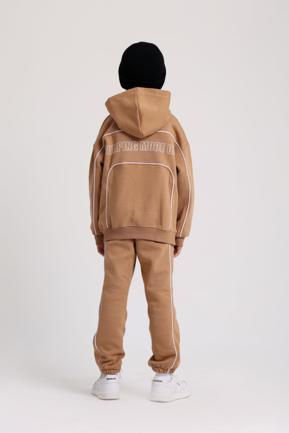 boys cotton hoodie – camel with "jumping mode on" Design