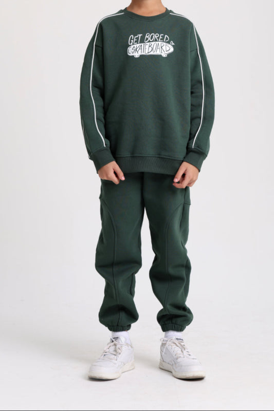 cotton sweatshirt – olive with "get bored skateboard" print