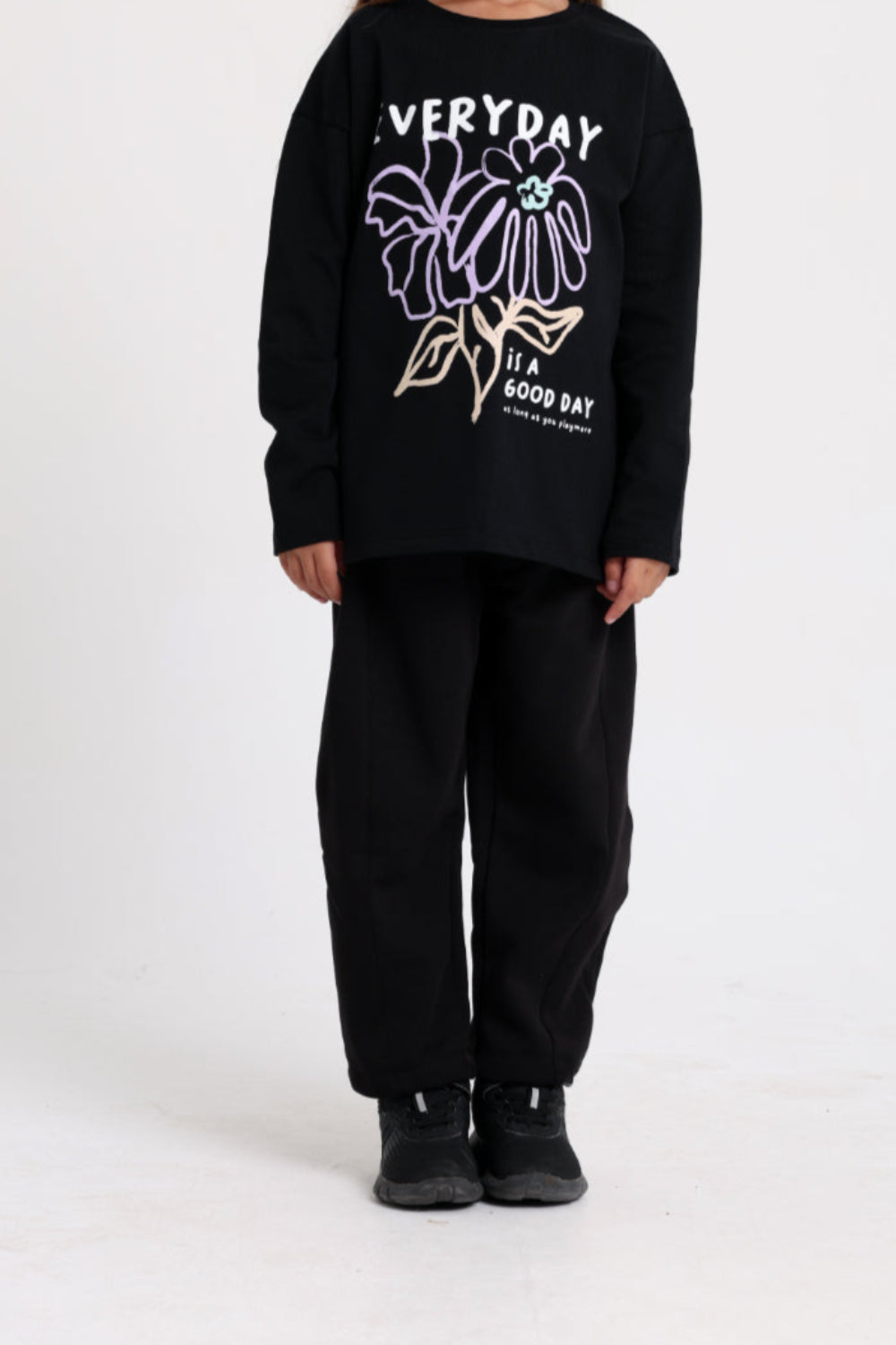 girls cotton t-shirt black with "everyday is a good day" flower print