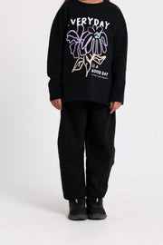 girls cotton t-shirt black with "everyday is a good day" flower print