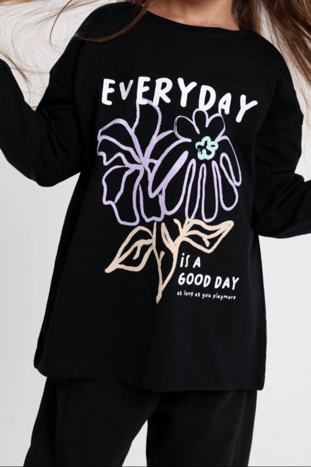 girls cotton t-shirt black with "everyday is a good day" flower print