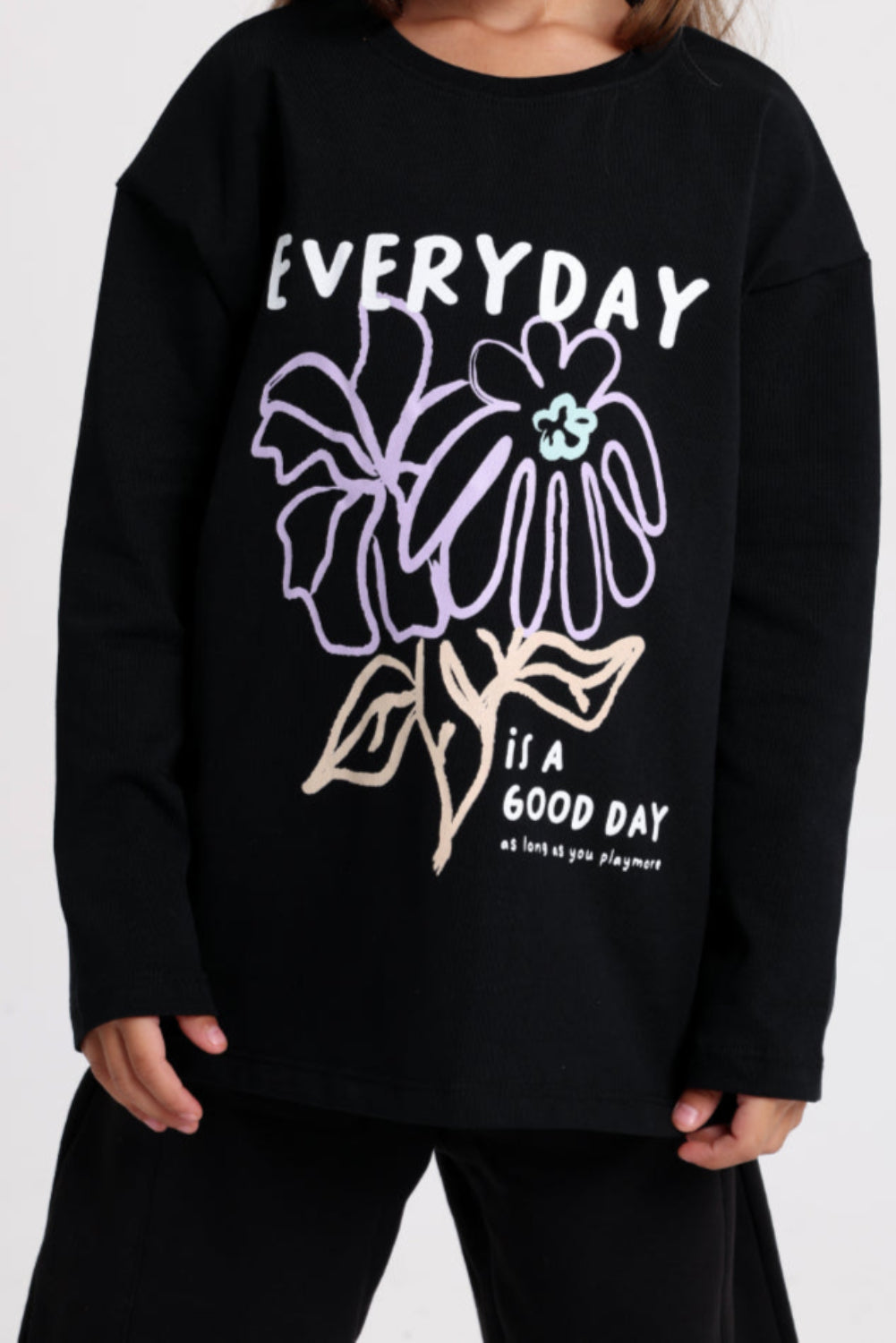 girls cotton t-shirt black with "everyday is a good day" flower print