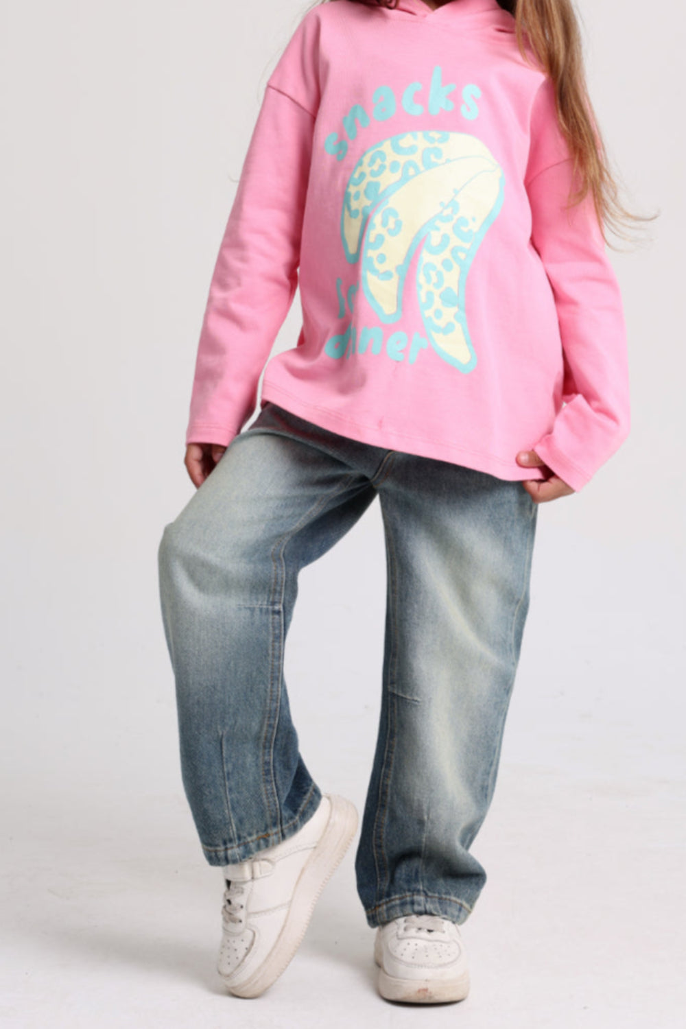 girls cotton hoodie – pink with "snacks for dinner" bananas print