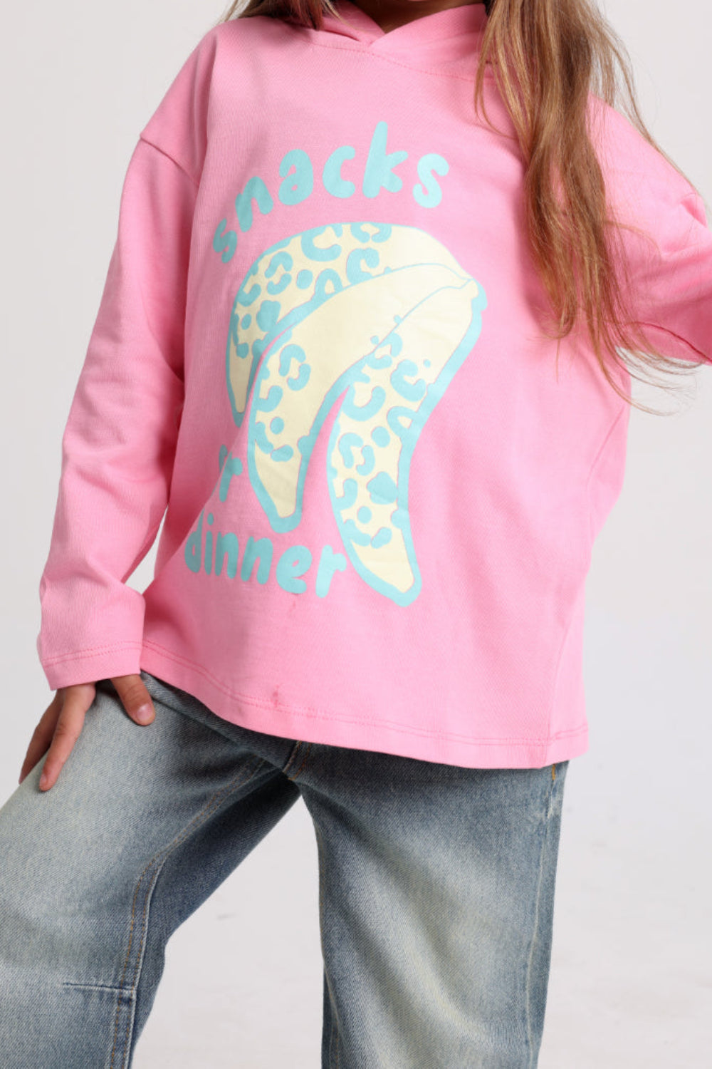 girls cotton hoodie – pink with "snacks for dinner" bananas print