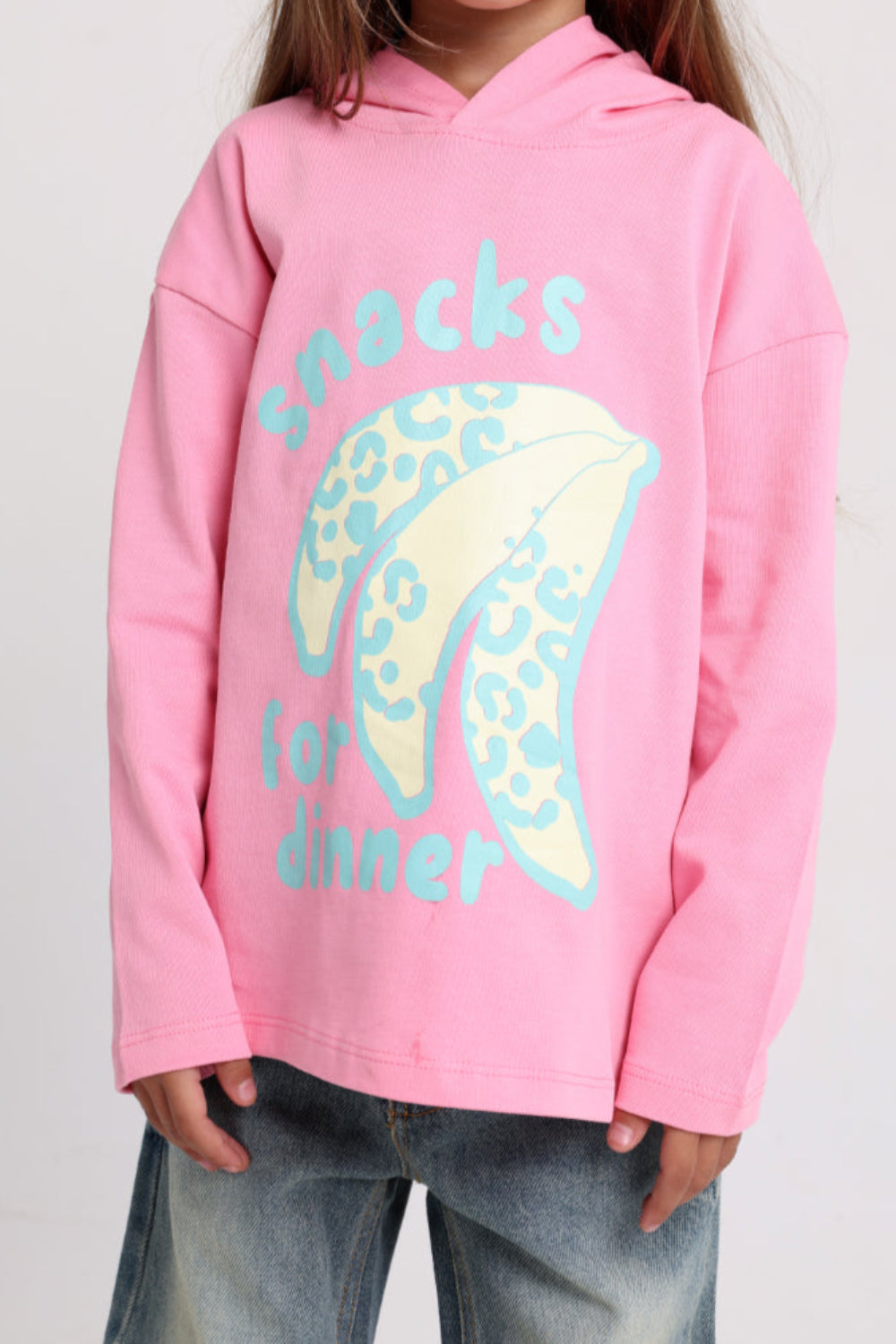girls cotton hoodie – pink with "snacks for dinner" bananas print