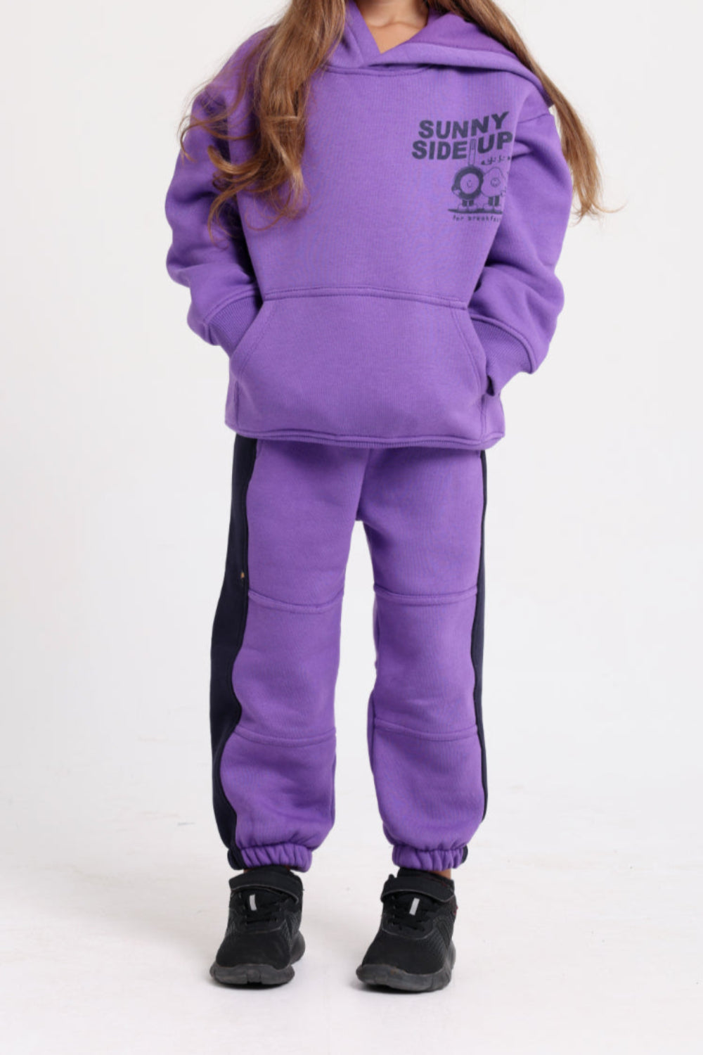 girls cotton hoodie – purple with "sunny side up" print