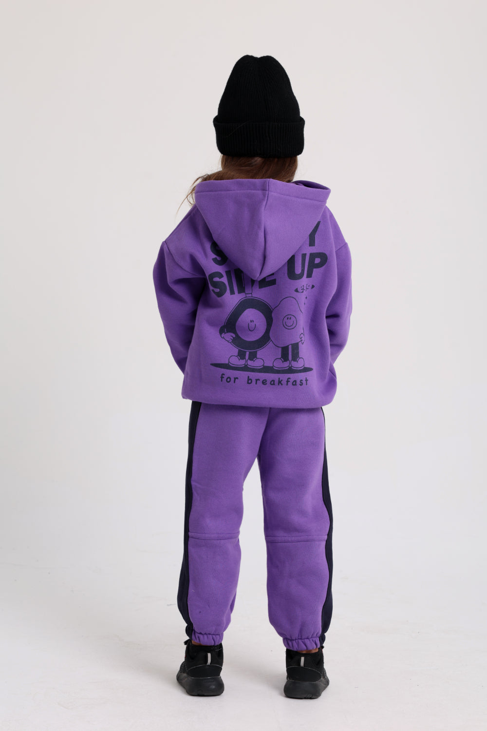girls cotton hoodie – purple with "sunny side up" print