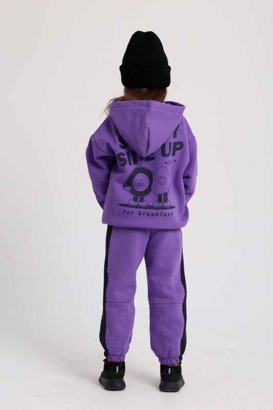unisex cotton hoodie – purple with "sunny side up" print