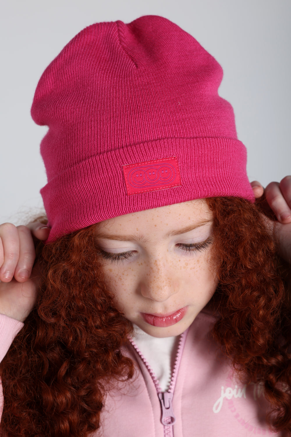 Girls Acrylic Beanie – Fuchsia with Triple Smiley Joy