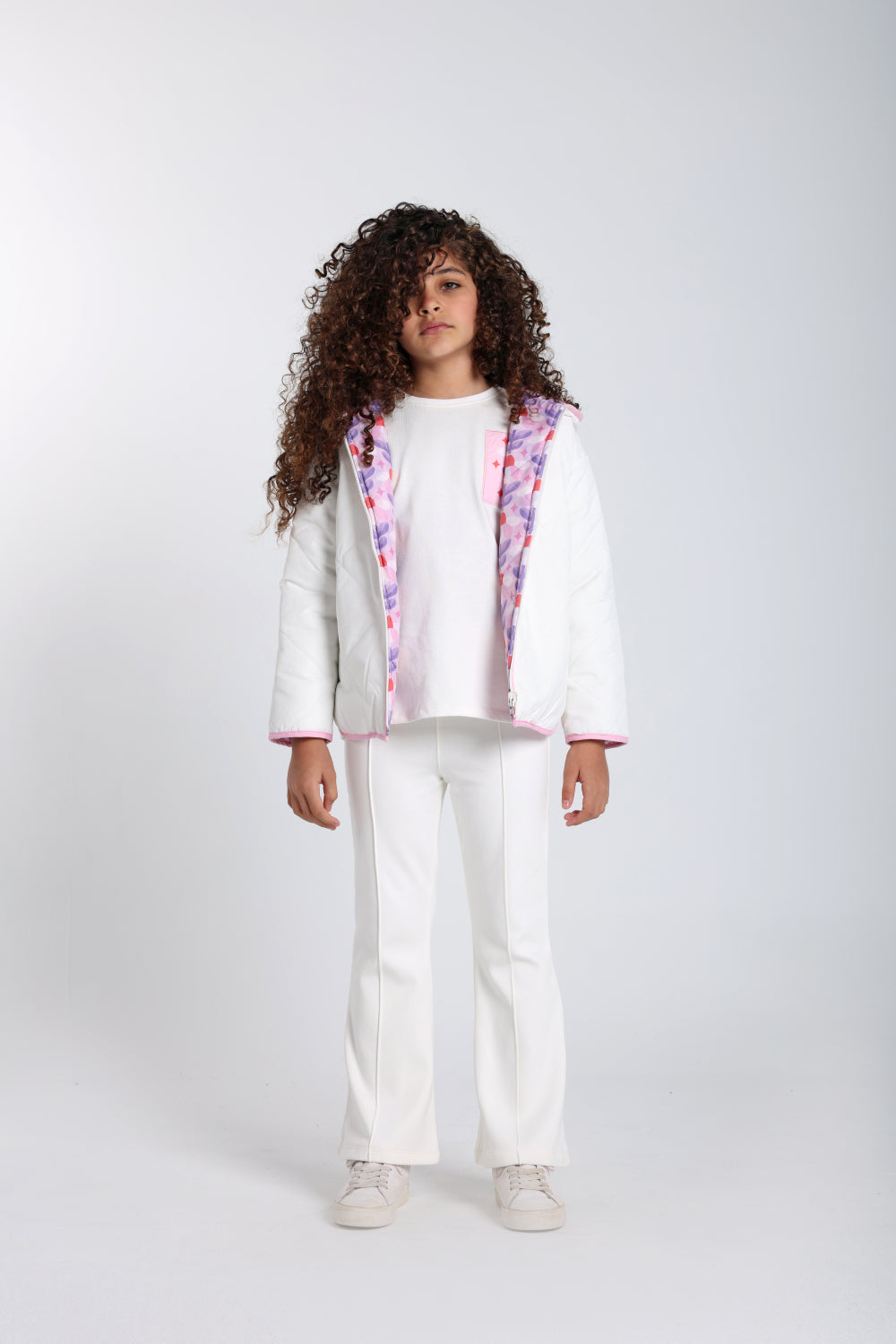 girls waterproof reversible quilted jacket –off white & pink floral