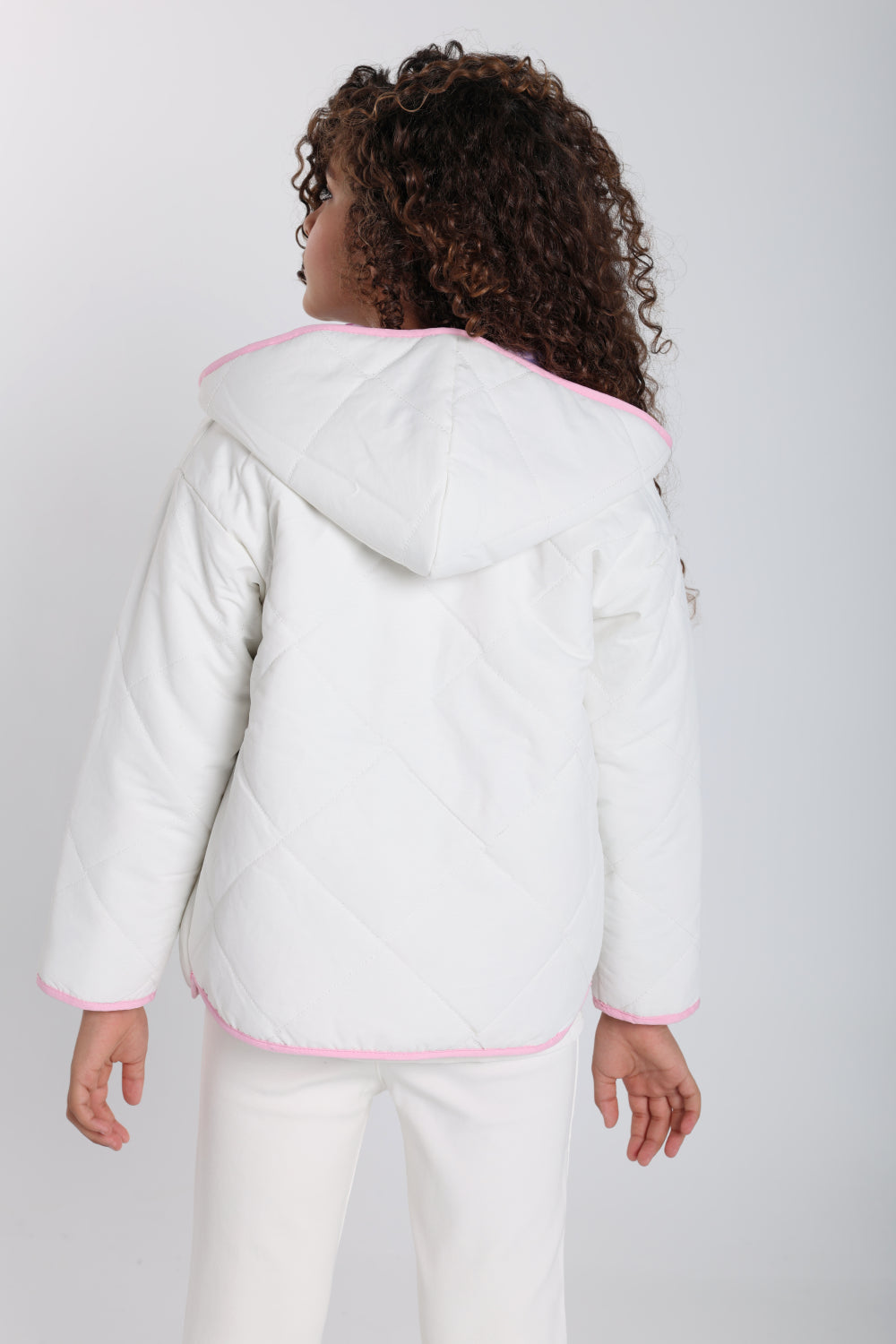girls waterproof reversible quilted jacket –off white & pink floral
