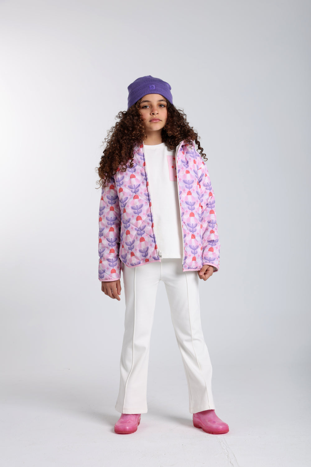 girls waterproof reversible quilted jacket –off white & pink floral
