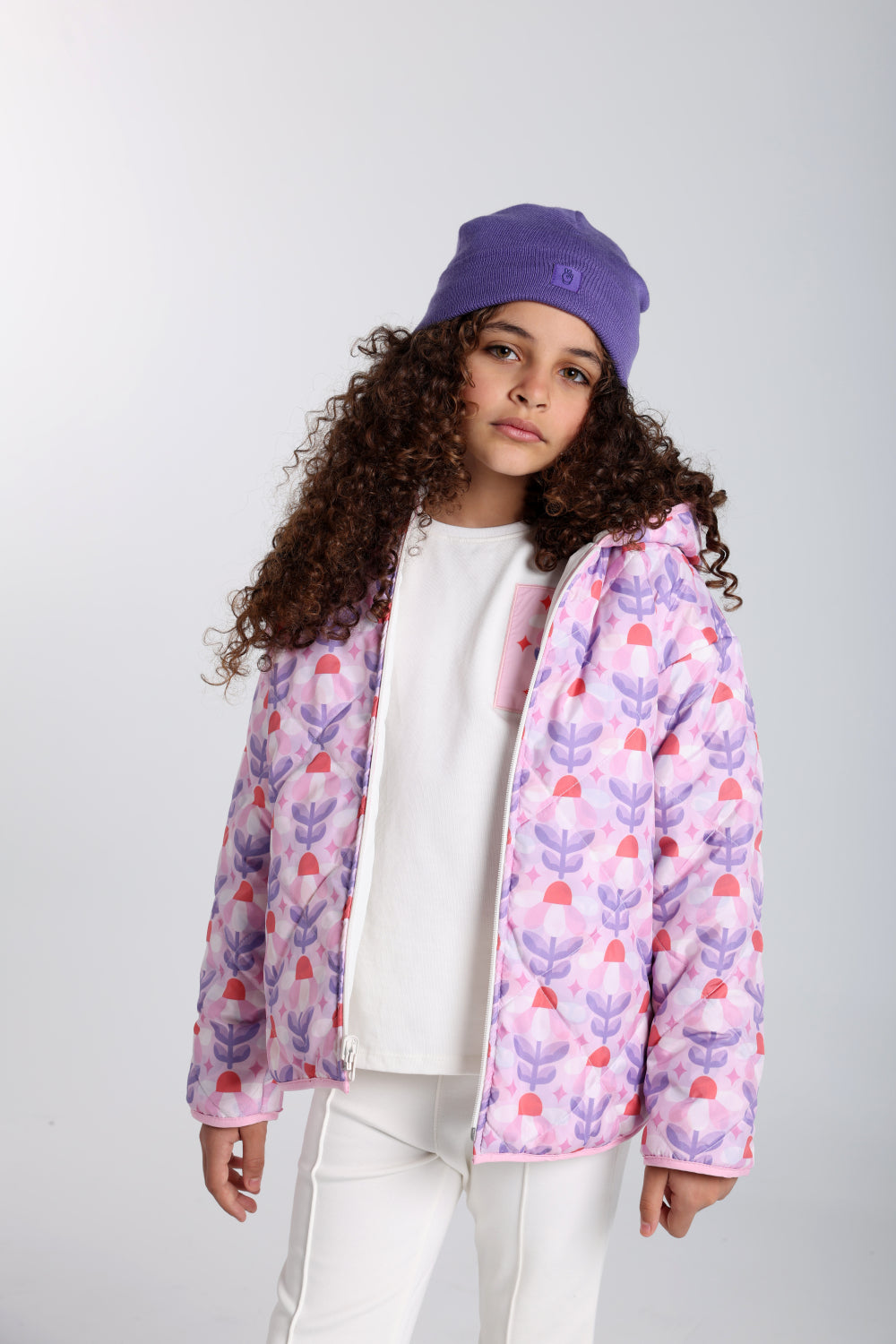 girls waterproof reversible quilted jacket –off white & pink floral