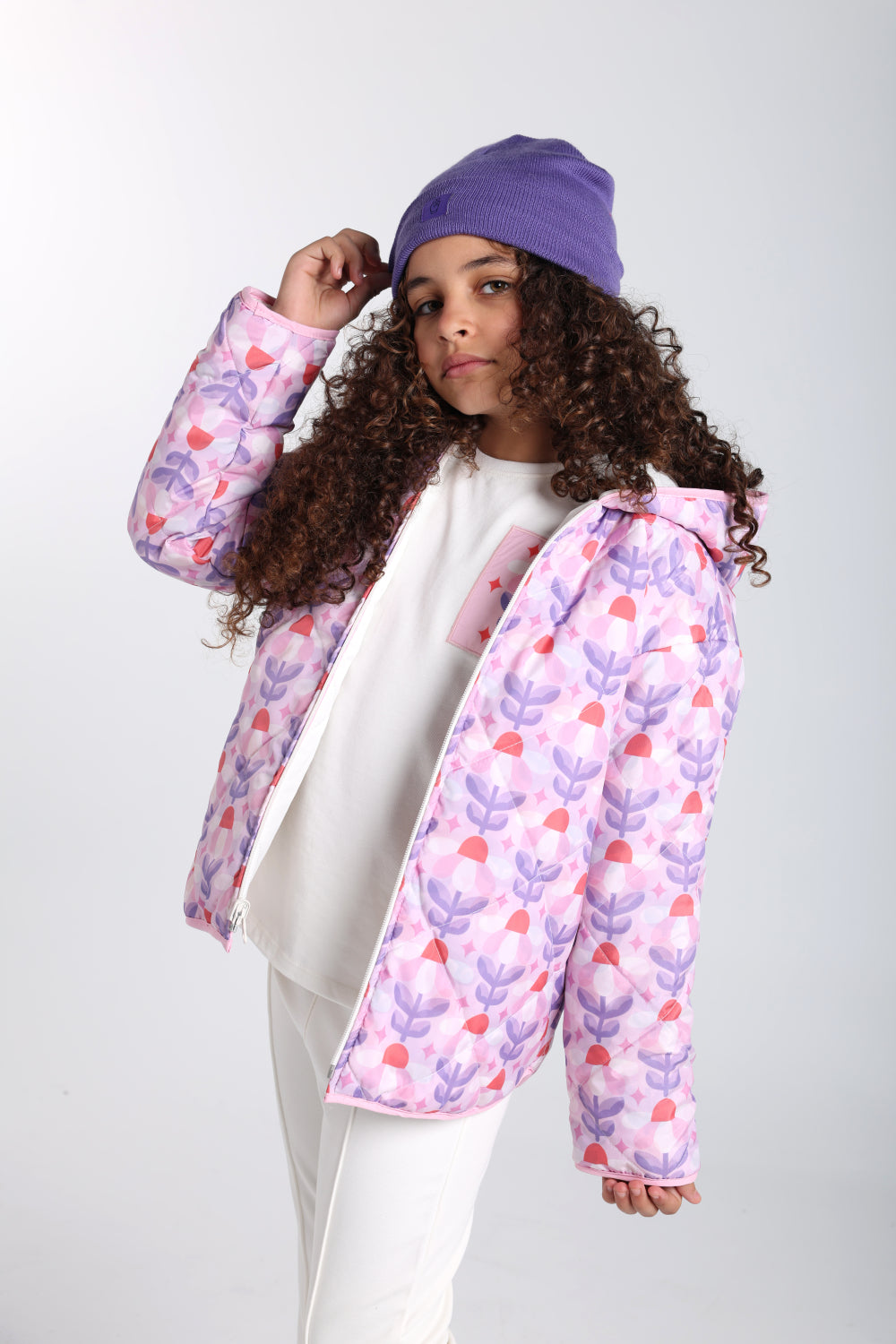girls waterproof reversible quilted jacket –off white & pink floral