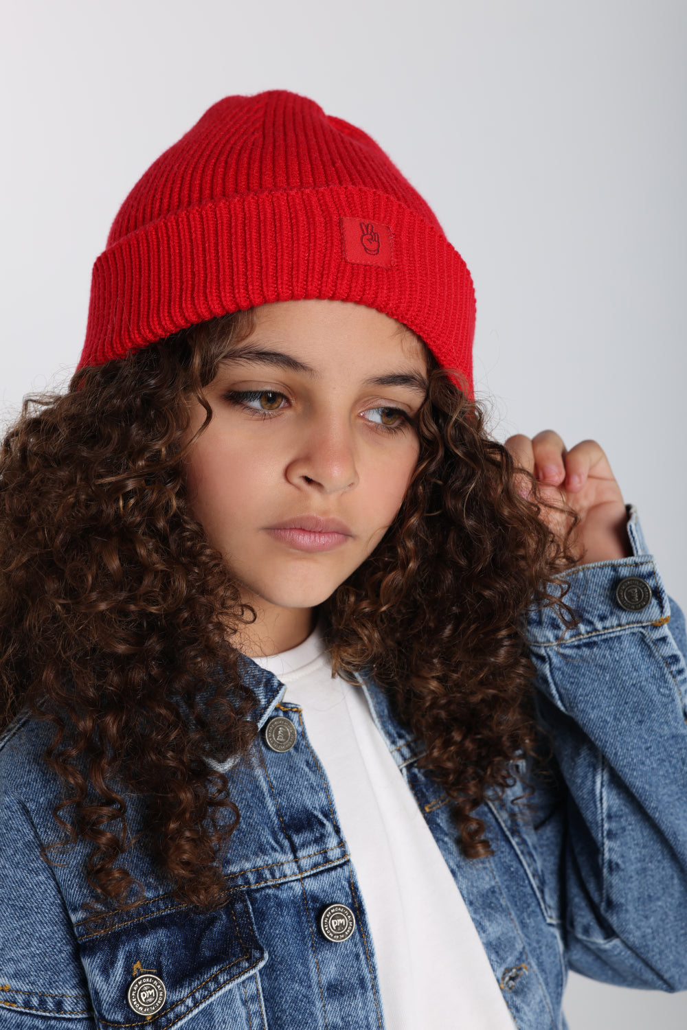 unisex cozy blend beanie – red with victory sign print