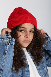 unisex cozy blend beanie – red with victory sign print