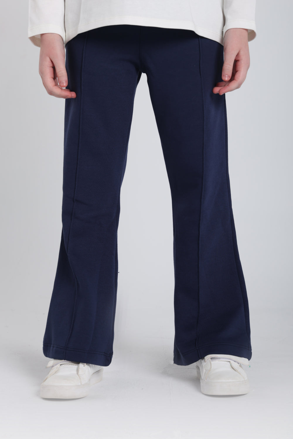 girls creased front flared pants – navy