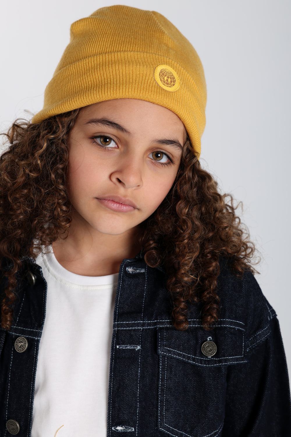 Unisex Acrylic Beanie - Mustard with Smiley Face Appliqued