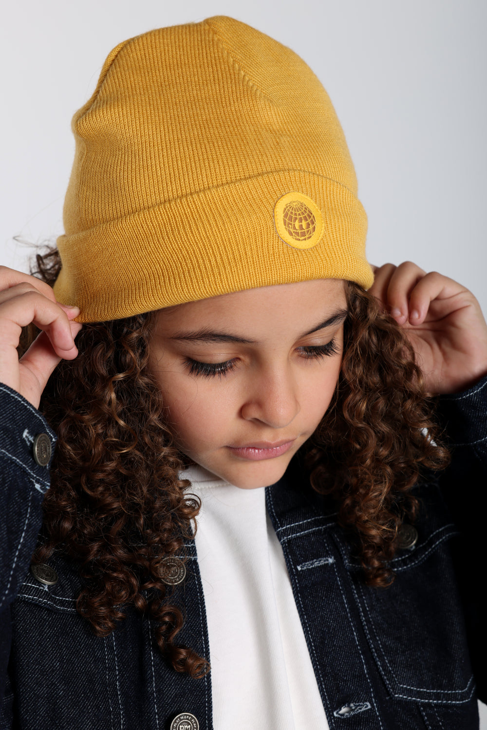 Unisex Acrylic Beanie - Mustard with Smiley Face Appliqued