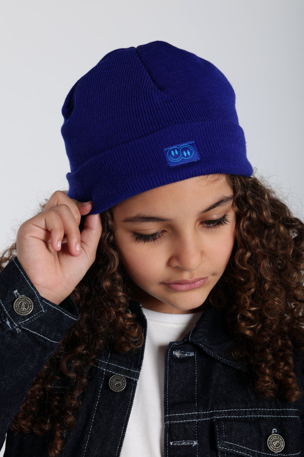 Unisex Acrylic Beanie - Royal Blue with 2 Smiley Faces Appliqued