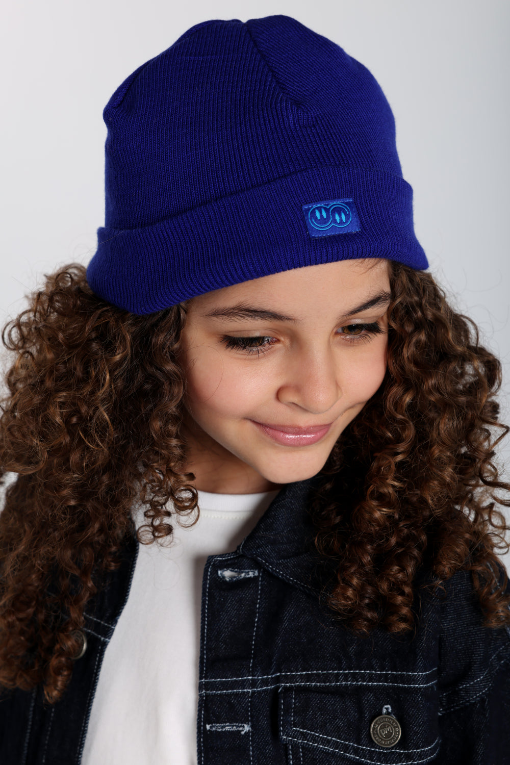 Unisex Acrylic Beanie - Royal Blue with 2 Smiley Faces Appliqued