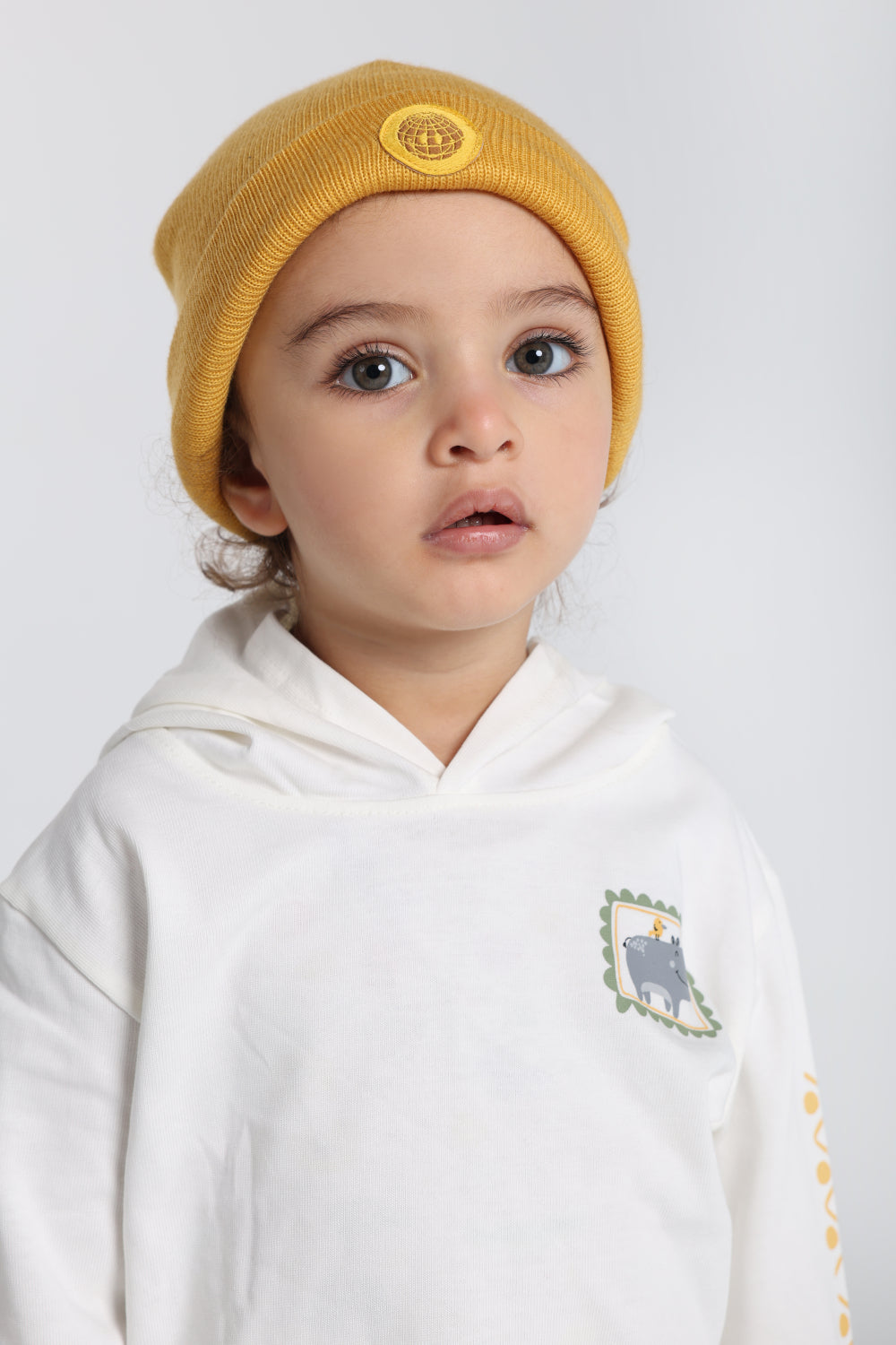 Unisex Acrylic Beanie - Mustard with Smiley Face Appliqued
