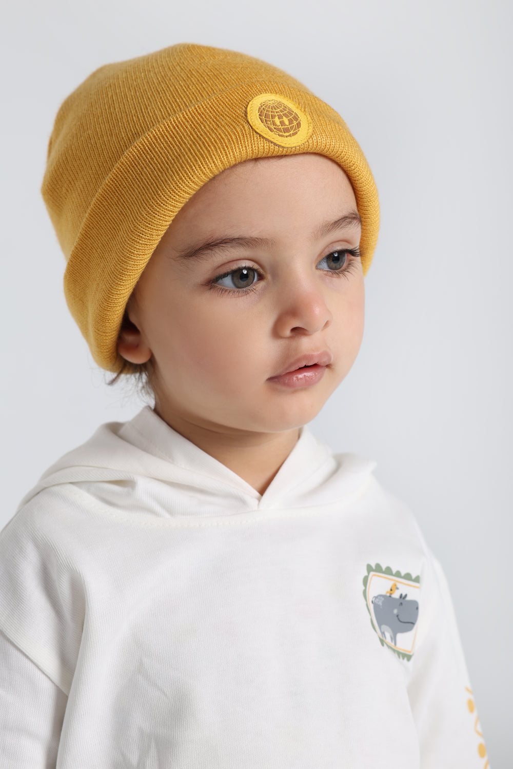 Unisex Acrylic Beanie - Mustard with Smiley Face Appliqued
